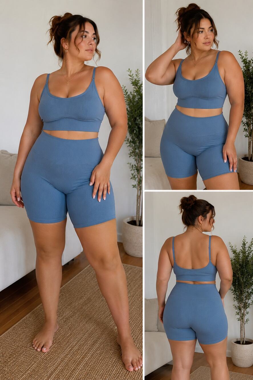 YogaLicious Ribbed Blue Activewear NWT Sports Bra XL Biker Shorts L Athleisure